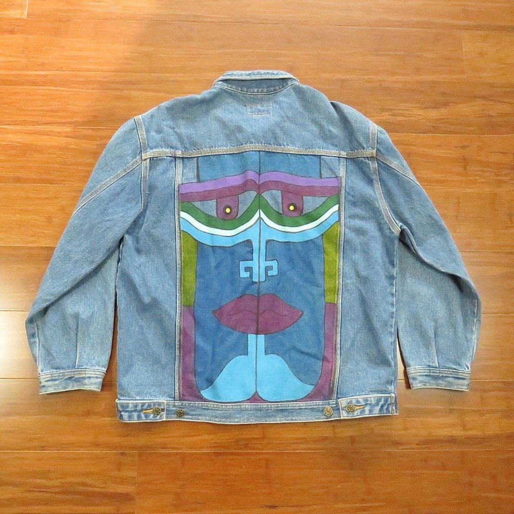 90s Vintage Handpainted Denim Jean Jacket Size Large 46 Chest